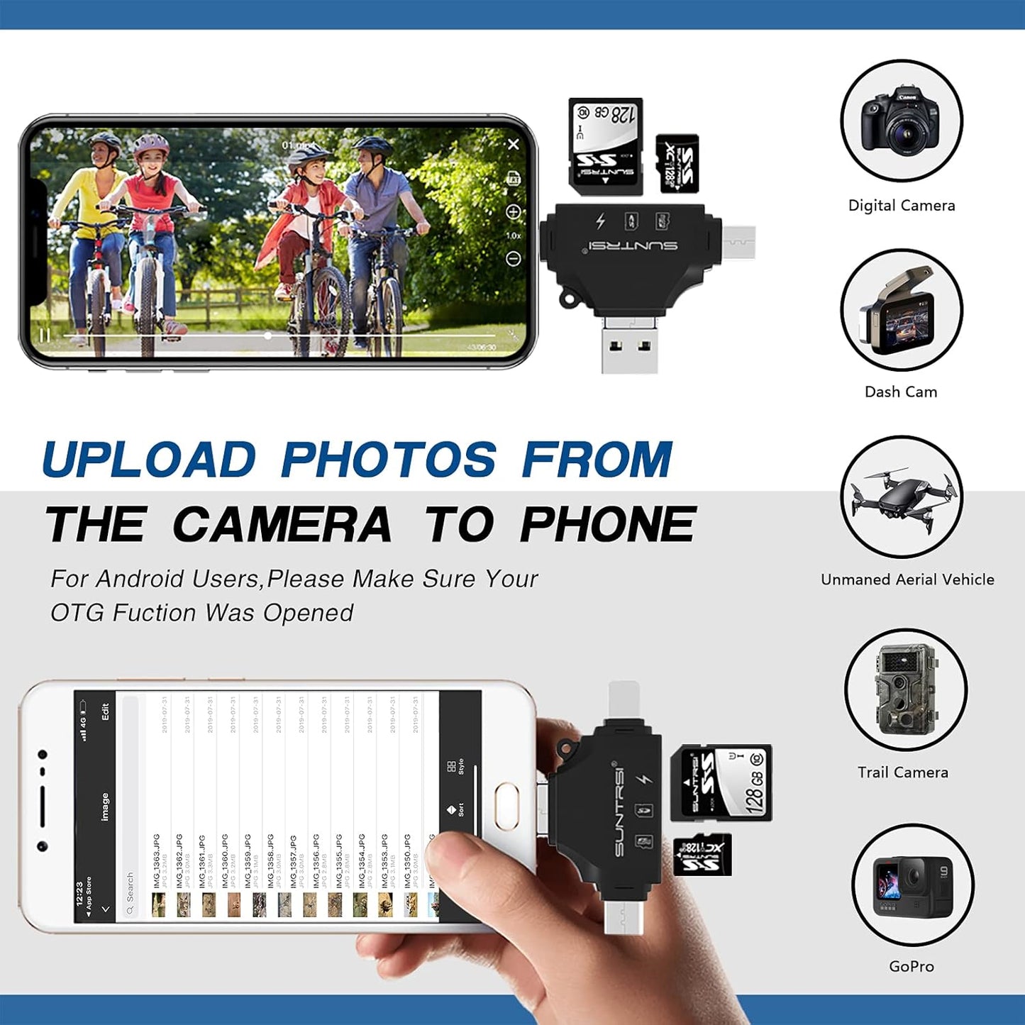 4 in 1 SD Card Reader for iPhone ipad Android Mac PC Camera,Micro SD Card Reader SD Card Adapter Portable Memory Card Reader Trail Camera Viewer for SD and TF Card