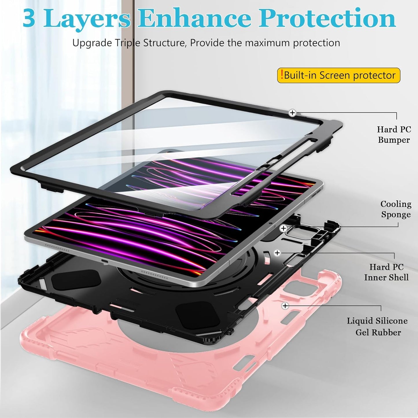 Case for iPad Pro 12.9 2022/2021/ 2020/2018: Cover for iPad Pro 12.9 6th/ 5th/ 4th/ 3rd Generation with Screen Protector- Stand- Pencil Holder- Handle- Shoulder Strap Pink