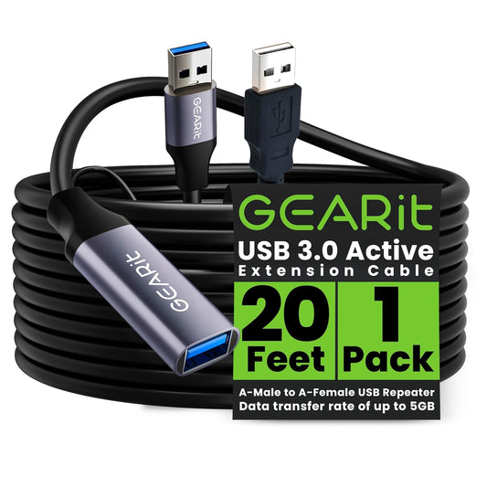 GEARit USB 3.0 Active Extension Cable (20 Feet) A-Male to A-Female USB Repeater with Signal Booster for Oculus Rift, Quest Link, Xbox 360 Kinect, PlayStation, Printer, Webcam - 20ft