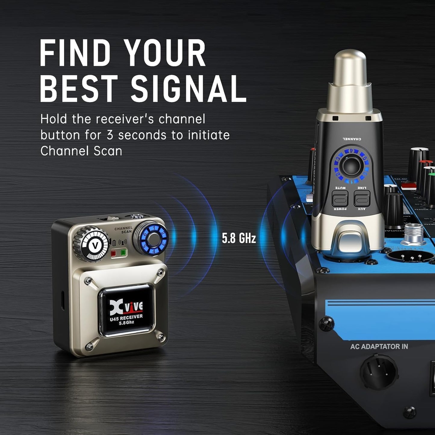 Xvive U45 Wireless in Ear Monitor System 5.8ghz IEM System Transmitter and bodypack Receiver for Studio, Band Rehearsal, Live Performance, Channel Scan Mode