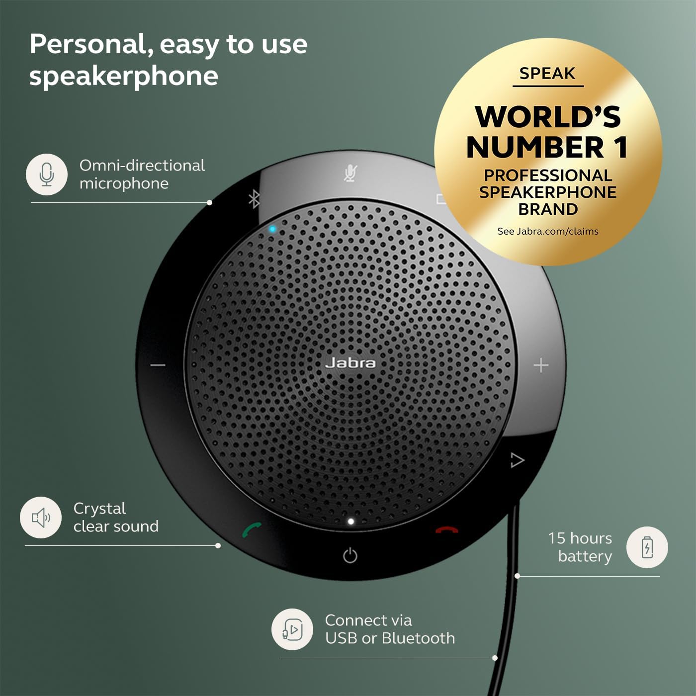 Jabra Speak 510 (2025 Edition) Portable, USB or Wireless Bluetooth Speaker for Meetings and Calls with Crystal-Clear Sound, Works with All Meeting Platforms - Microsoft Teams, Google Meet, Zoom, Black