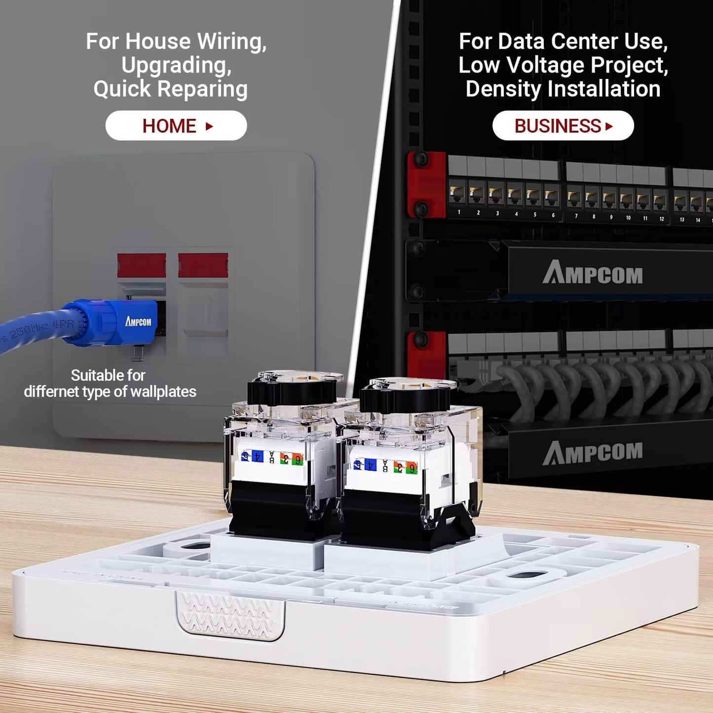 AMPCOM CAT6A UTP RJ45 Keystone Jack 50u Gold Plating Reusable Ethernet Wall Jack with Adjustable Ratchet Lock (No Tool and Zip Tie Required) - Black (12-Pack)