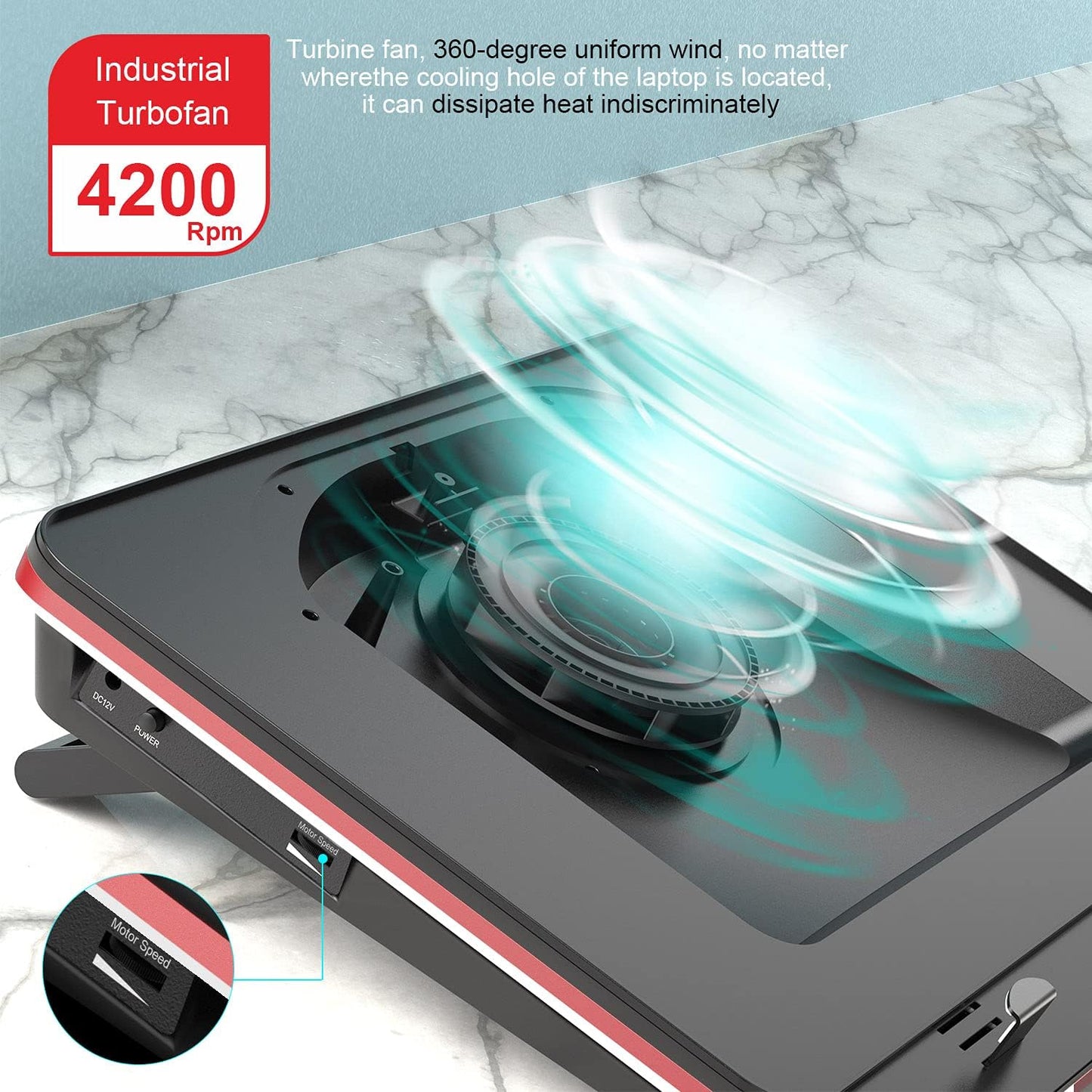 GT500 Powerful Turbo-Fan (4200 RPM) Laptop Cooling Pad with Infinitely Variable Speed,Seal Foam for Rapid Cooling Gaming Laptop,Dust Filter for Protect Laptop,13-17.3inch Laptop Cooler