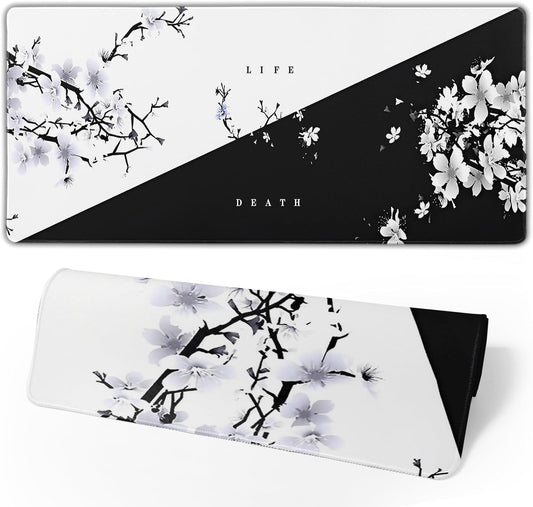 Japanese Life Death Keyboard Mat, Black White Japanese Anime Gaming Mouse Pad for Desk with Anti-Slip Rubber Base and Stitched Edges, Japanese Sakura Pagoda Sun Mouse Pad