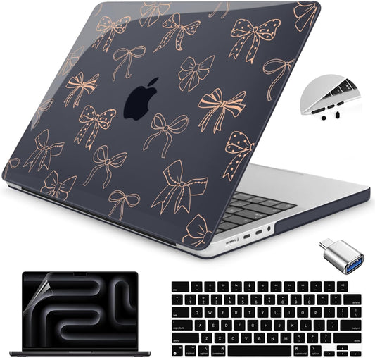 Teryeefi for MacBook Pro 14 inch Case M4 M3 M2 M1 Chip (2025 2024 2023 2021 Release) Model A3112 A3401 A3185 A2918 A2992 A2779 A2442, PC Hard Shell+Keyboard Cover+Type C Adapter, Gold Bows A003