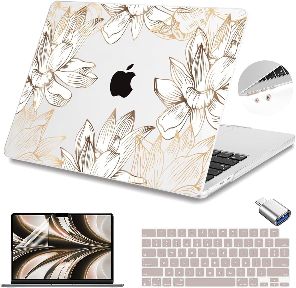 Teryeefi Compatible with M4 MacBook Air 13.6 inch Case 2022-2025 Release M3 A3113 M2 A2681 with Touch ID, Design Hard Shell Case+Keyboard Cover+Screen Protector+Type C Adapter, W-Gold Flower Line