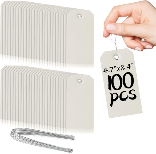 100 Pieces Plastic Shipping Tags with Wires Blank Labeling Tags Waterproof Hang Tags with Reinforcement Hole Durable Wire Tags Labels Stacking Tags for Equipment Parts (Grey, 4 3/4" x 2 3/8")