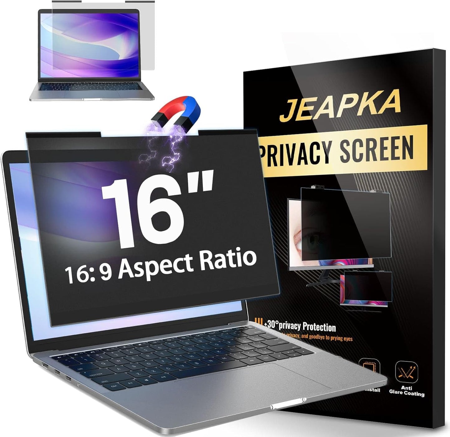 Magnetic Laptop Privacy Screen Filter 16 inch for 16:9 Widescreen Computer Monitor, Removable Anti Blue Light Privacy Shield, Anti-Glare Protector