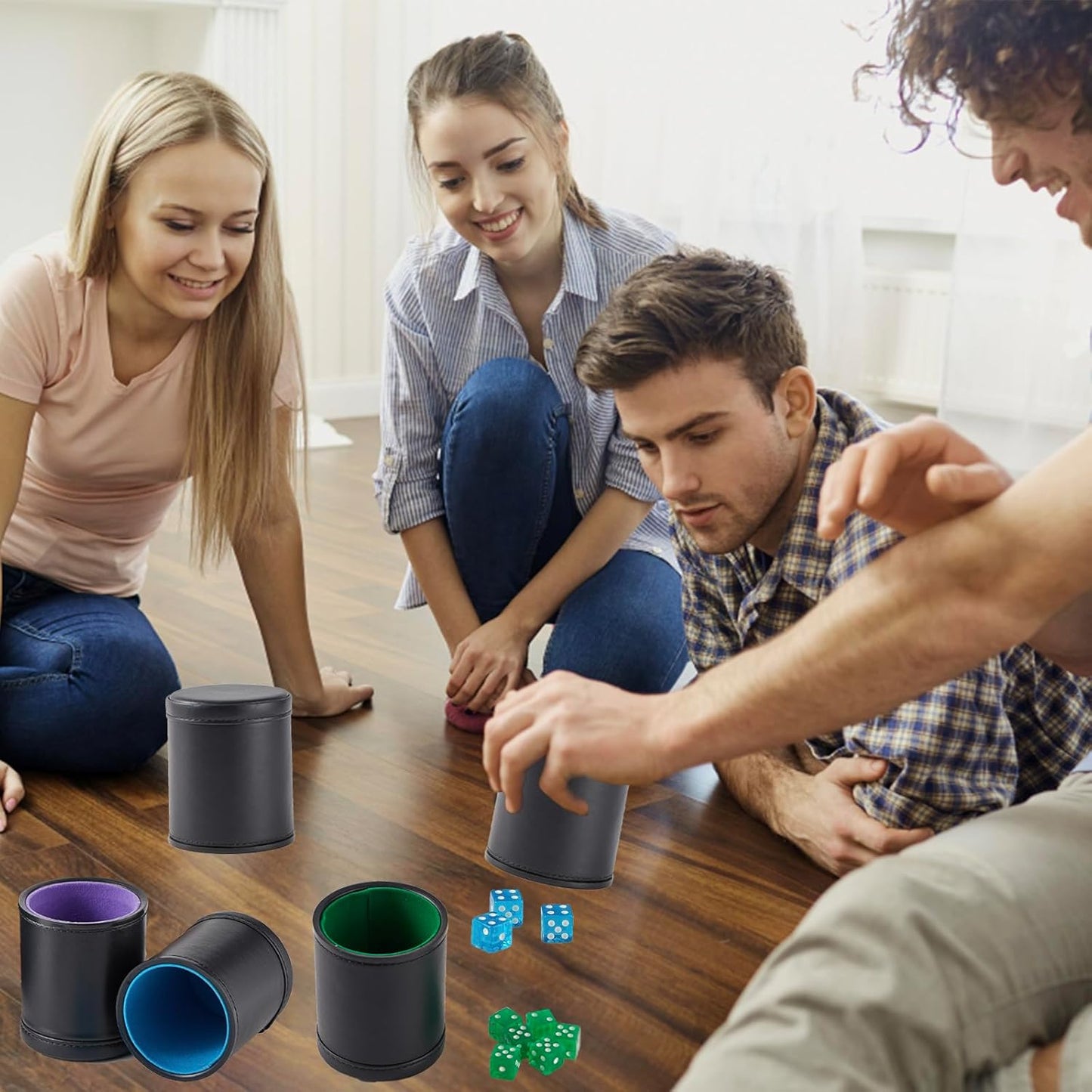5 Pack Black Leather Dice Cups with Colorful Velvet Felt-Lined Interior and 30 Matching Colorful Transparent Dices