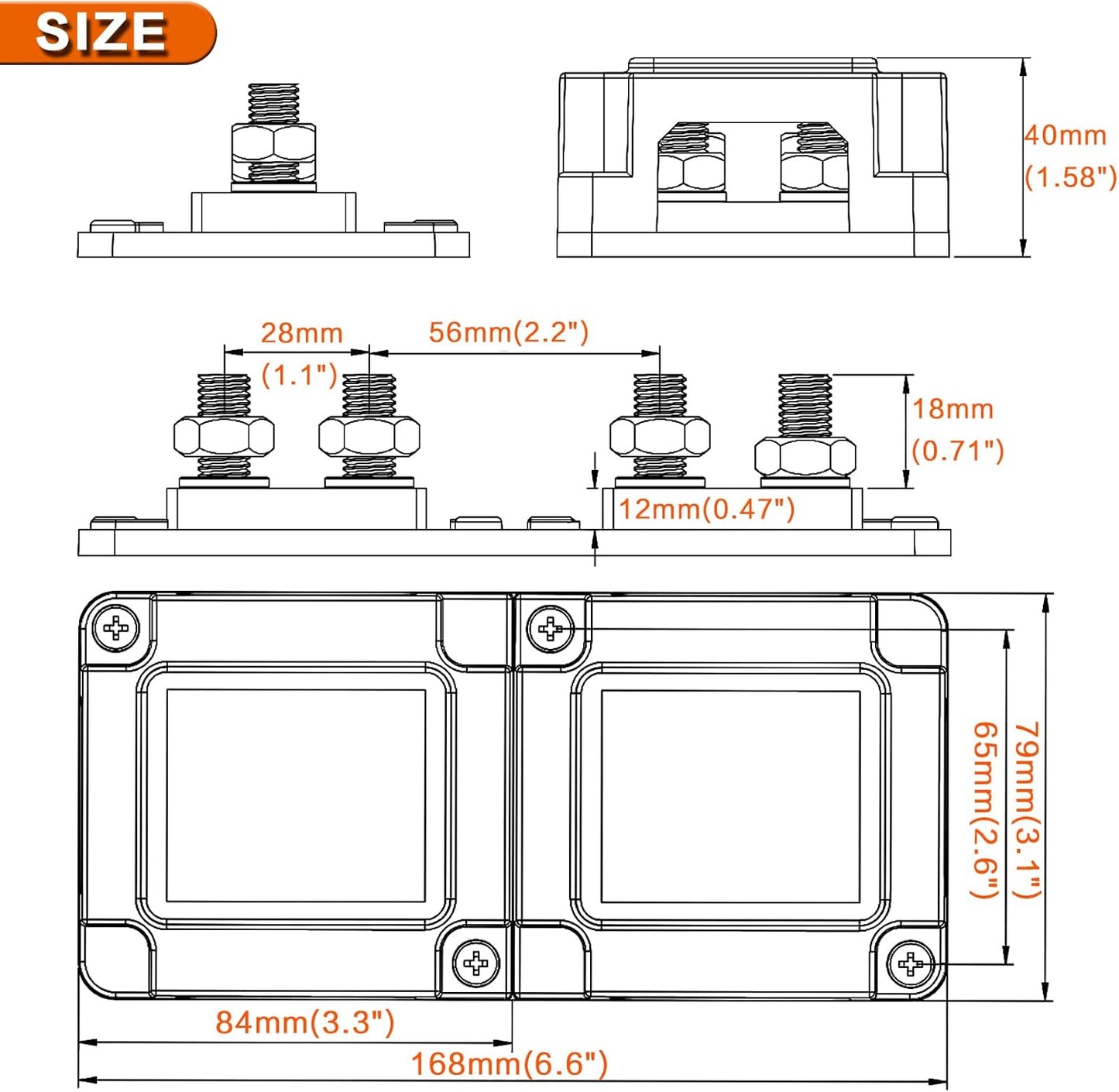 600A 48V Bus Bar Box 4 Stud (3/8 inch) M10 High Current Tin Plated Copper Distribution Block Positive Negative Independent Modules Electrical Battery Ground Buss Bar with Cover for RV Marine