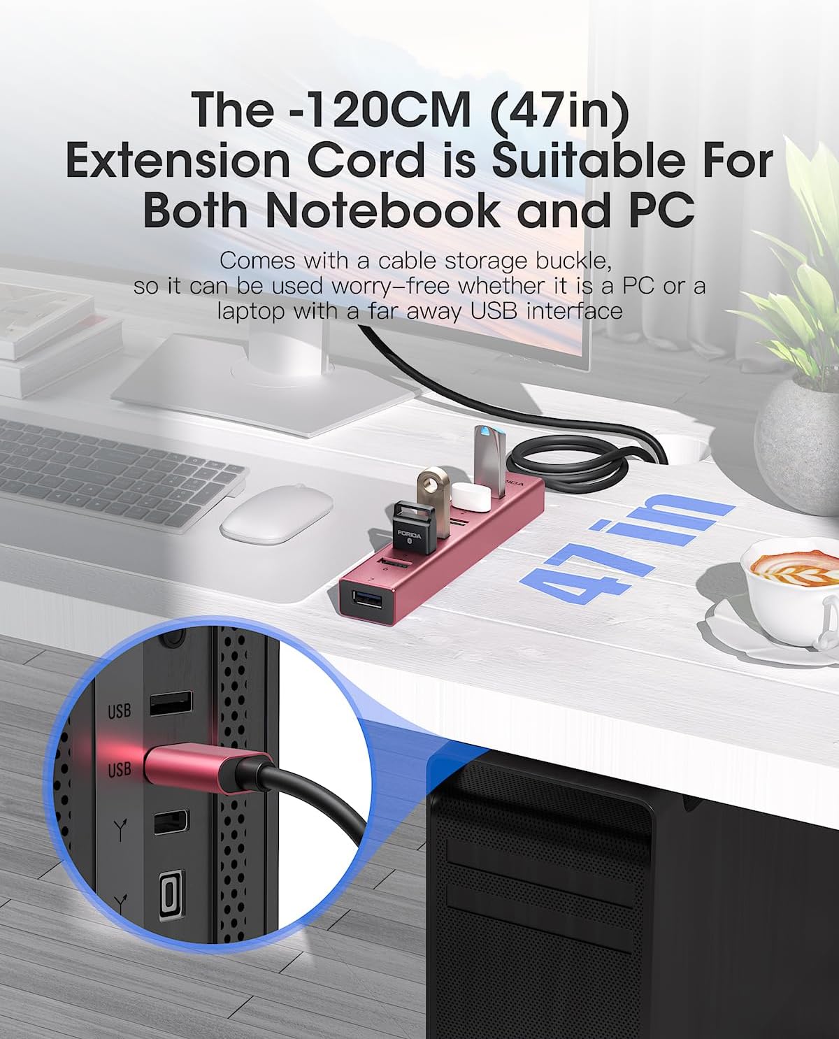 FORIDA USB Hub Long Cable 8 Ports multiport Adapter with 7-USB3.0 Data Ports and Type-C 5V/3A Power Port,USB Extender for Laptop PC and More (Rose Gold, USB A-47in)