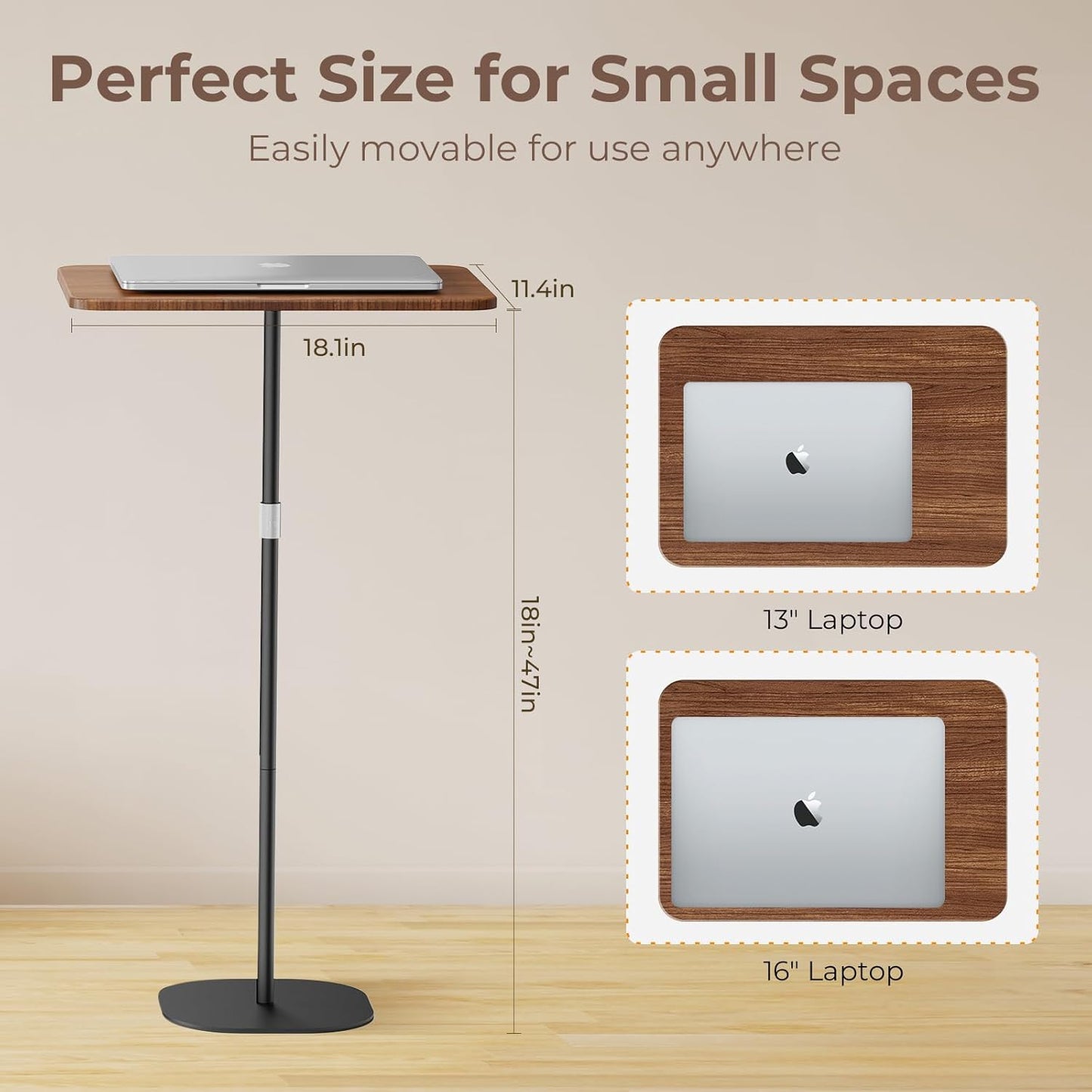 Portable Laptop Floor Stand, Bedside/Sofa Table with Height Adjustable 18''~47'', Stylish Movable Workstation Floor Standing Desk for Office, Meeting Room, Living Room Easy Assembly, Black