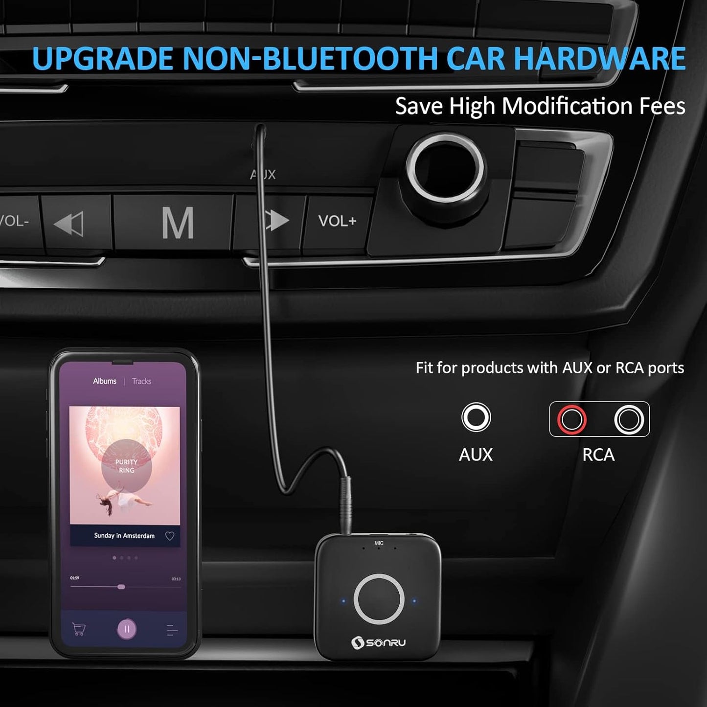 Bluetooth 5.3 Adapter Hi-Fi Equipment for Car Wireless Audio Receiver with 3.5mm AUX RCA Cable, Noise Cancellation, Dual AUX Outputs for Home Speakers Wired Headphones