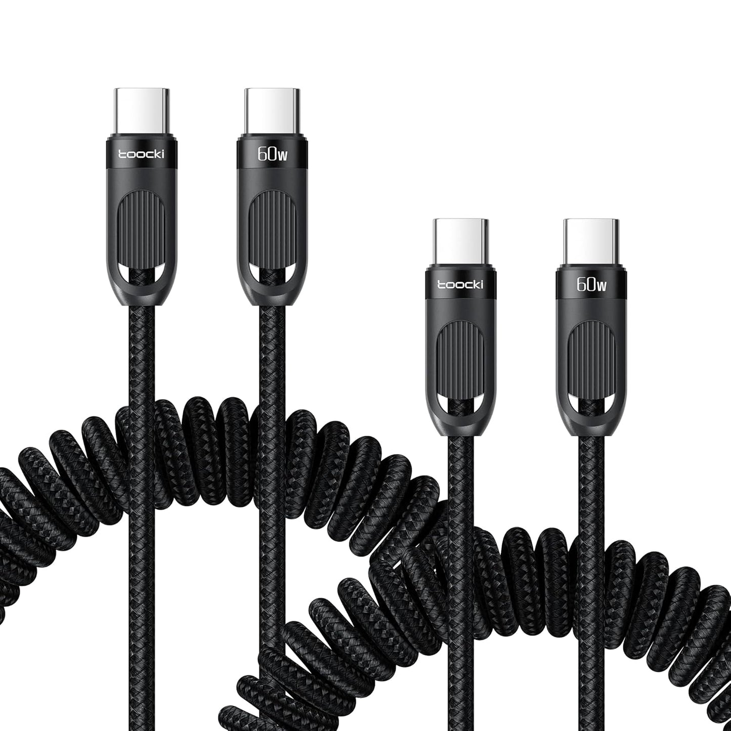 Coiled USB C to USB C Cable 2Pack 3FT Braided Retractable Fast Charging Cable for Car, Compatible with iPhone 16/15 Pro Max/Galaxy S24/S23/S22, Supports Car Play & Android Auto-Black