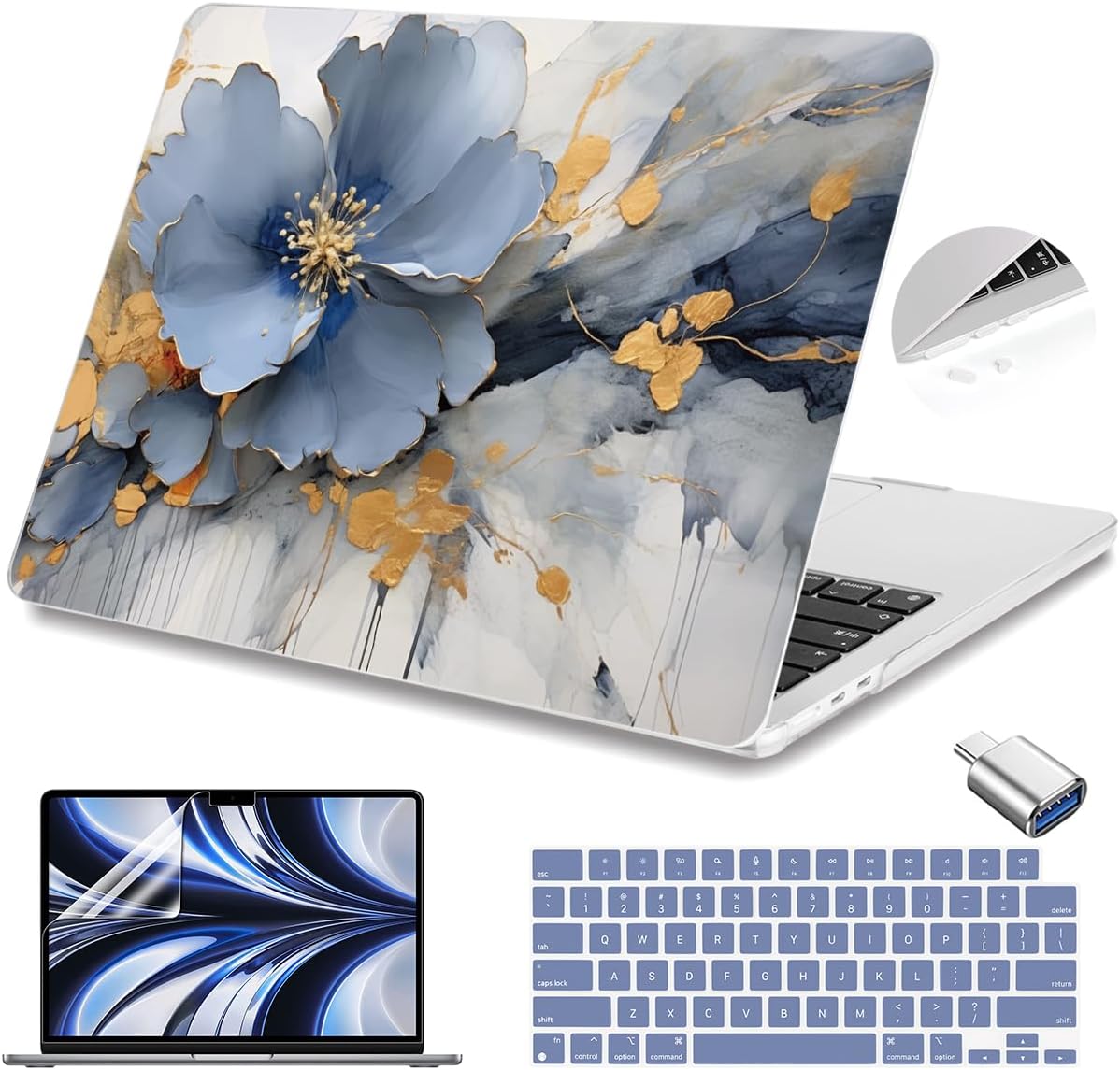 Teryeefi Compatible with A2681 A3113 A3240 MacBook Air 13.6 inch Case M2 M3 M4 Release 2022-2025,Protective Slim Cover + Keyboard Cover+OTG Adapter for 13.6 inch MacBook Air Liquid Retina, Art Florals
