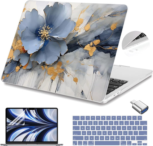 Teryeefi Compatible with A2681 A3113 A3240 MacBook Air 13.6 inch Case M2 M3 M4 Release 2022-2025,Protective Slim Cover + Keyboard Cover+OTG Adapter for 13.6 inch MacBook Air Liquid Retina, Art Florals