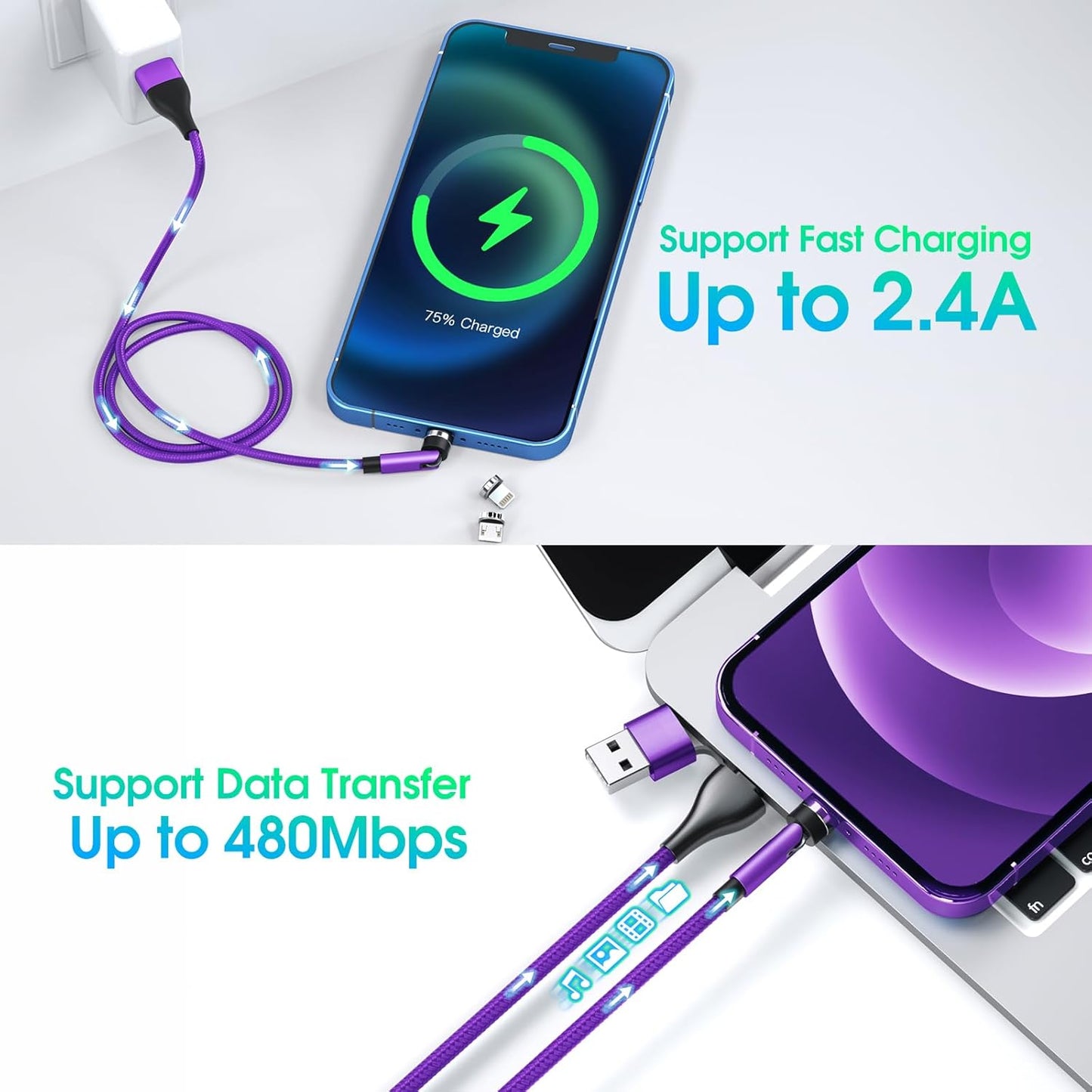 5-in-1 Magnetic Charging Cable, 540° Rotation Magnetic Phone Charger [4-Pack, 3ft/3ft/6ft/10ft] USB A/Type C Fast Charging Charger Cable for iproduct/Micro USB/USB C Devices-Purple