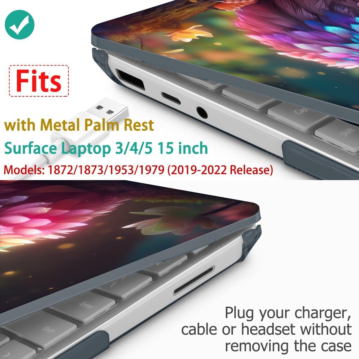 Tuiklol Case for 15 Inch Microsoft Surface Laptop 5/4/3 2022-2020, Model 1979/1953/1872/1873 Hard Shell Cover, Keyboard Cover+Screen Protector+Dust Plugs,Rainbow owl