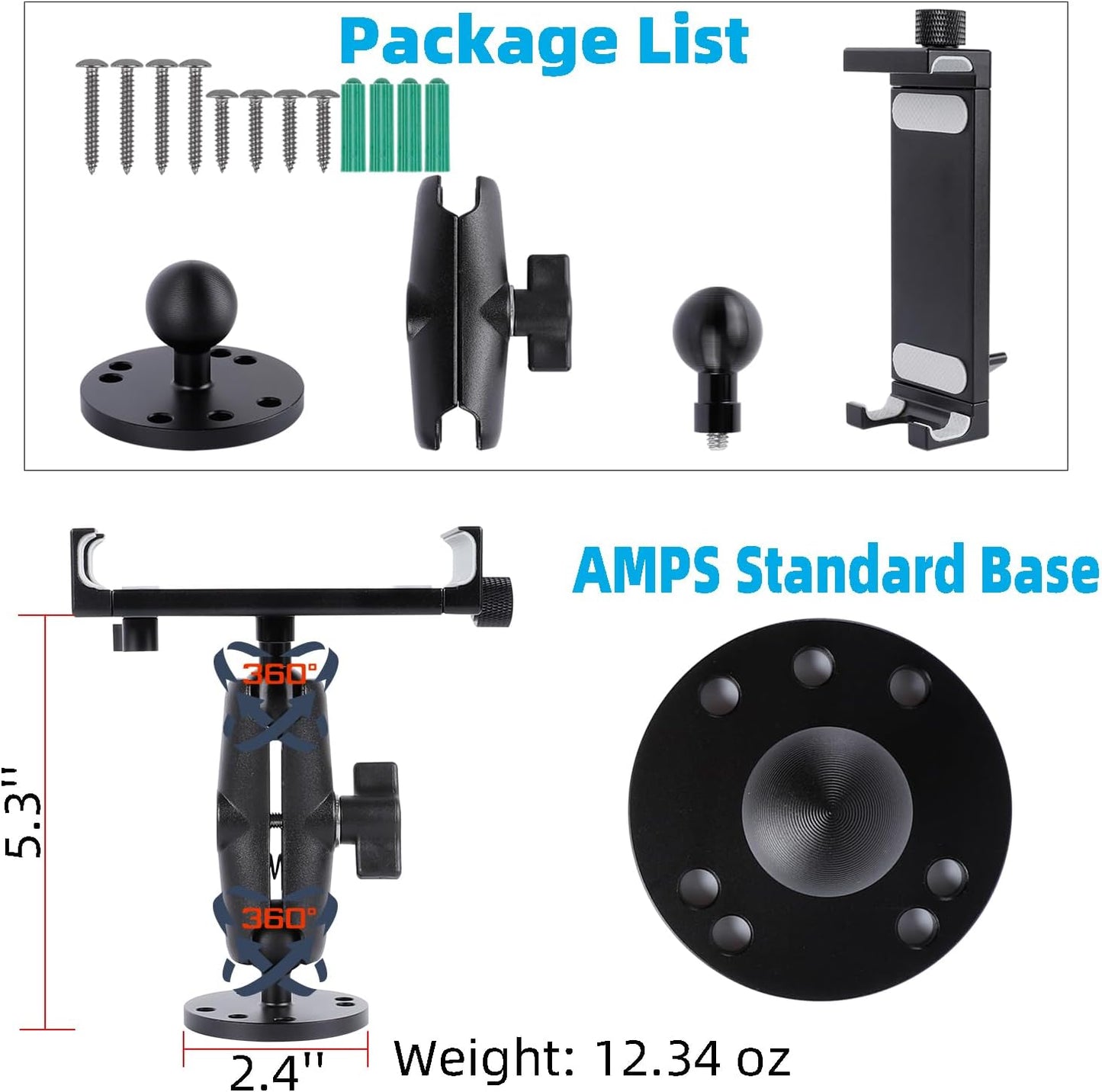 All-Aluminum Car Tablet Holder with Heavy Duty Drill Base, Compatible with iPad Pro Mini 4.7"-15" Samsung Galaxy Tab Tablets, Car Tablet Mount for Truck,Business ,Boat,Dashboard,Desk,Wall Mounting