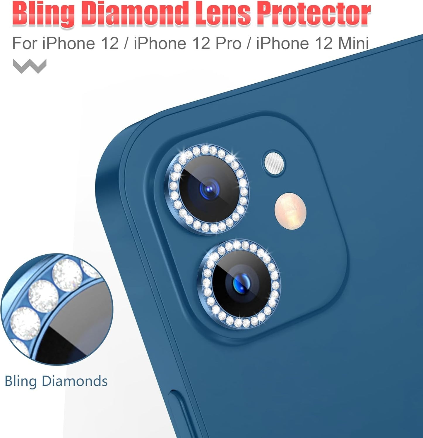 AGVEE 3+3 6 Pack for iPhone 12 Pro/12/12 Mini/11 Pro Max/11 Pro/11 - Bling Diamond & Glitter Metal Ring 9H Tempered HD Glass Camera Protector