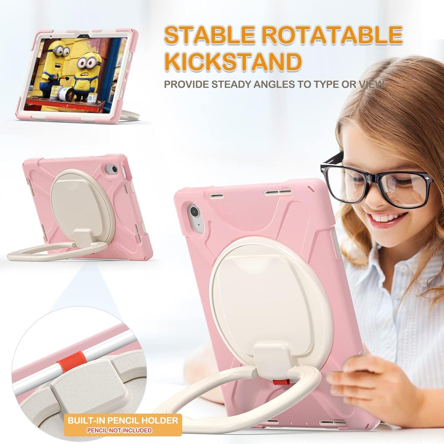 BRAECN Case for iPad (A16) 11th/10th Generation 11”/10.9'' 2025/2022-Shockproof Silicone Cover w/Pencil Holder/360°Swivel Ring Stand/Handle Grip/Kickstand/Shoulder Strap/Screen Protector, Sakura Pink