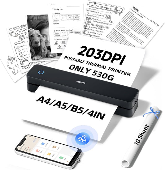 iDPRT Inkless Portable Printer for Travel, Mobile-Thermal-Printers, Wireless-Small-Printer for Home Use, Office, Vehicles, Bluetooth Printers Supports 8.5" x 11" US Letter & A4 & A5 Size, Black
