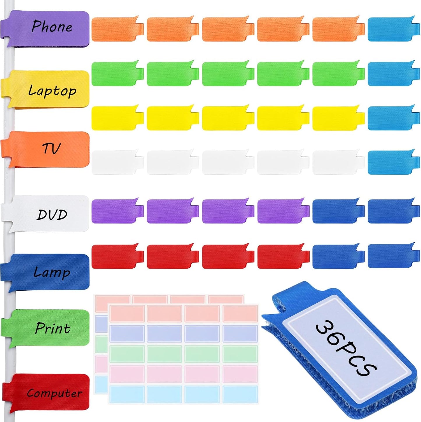 36Pcs Large Cable Labels - 8 Colors Reusable Write-On Wire Labels Tags, Cord Identification Labels for Electronics, with 40Pcs Label Stickers, Cable Management for Home, Office, Rectangle