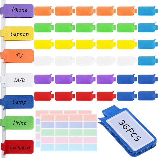 36Pcs Large Cable Labels - 8 Colors Reusable Write-On Wire Labels Tags, Cord Identification Labels for Electronics, with 40Pcs Label Stickers, Cable Management for Home, Office, Rectangle
