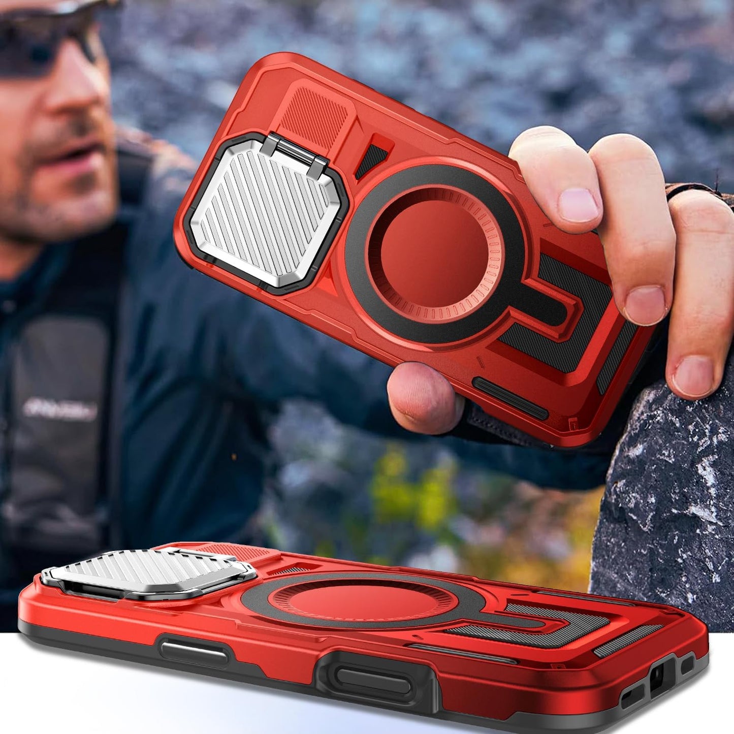 Camera Stand Case for iPhone 16 Plus, [Compatible with Mag Safe] [Lens Cover] 2024 Version Military Grade Protective Soft Case for iPhone 16 Plus 6.7 inch Men Women, Red