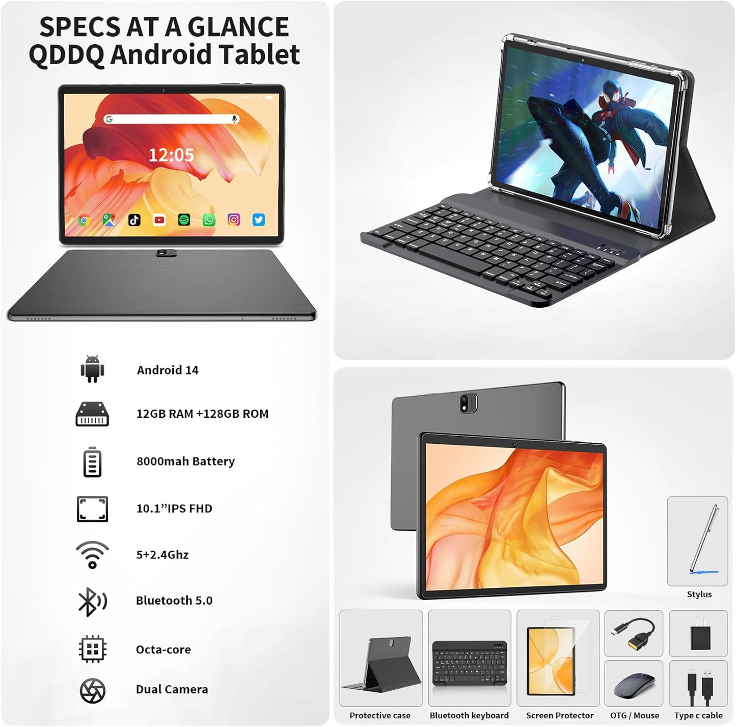 Android Tablet with Keyboard, Android 14 Tablet, 12(6+6) GB+128GB, 1TB Expand, 2 in 1, Mouse, Stylus, 8000mAh Battery, 2.4G/5G WiFi, GPS, Green Case