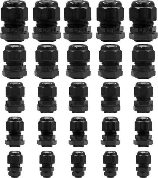25 Pcs Nylon Cable Glands, PG7 PG9 PG11 PG13.5 PG16 Strain Relief Cable Cord Connector IP68 Waterproof Junction Box Wire Protectors Adjustable for 3-13mm Cable Diameter