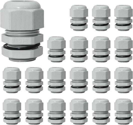 20 Pcs 3/4" NPT Nylon Cable Glands, IP68 Waterproof Adjustable Cord Grip Cable Connector Strain Relief Wire Protectors for 13-18mm Cable Diameter, Grey