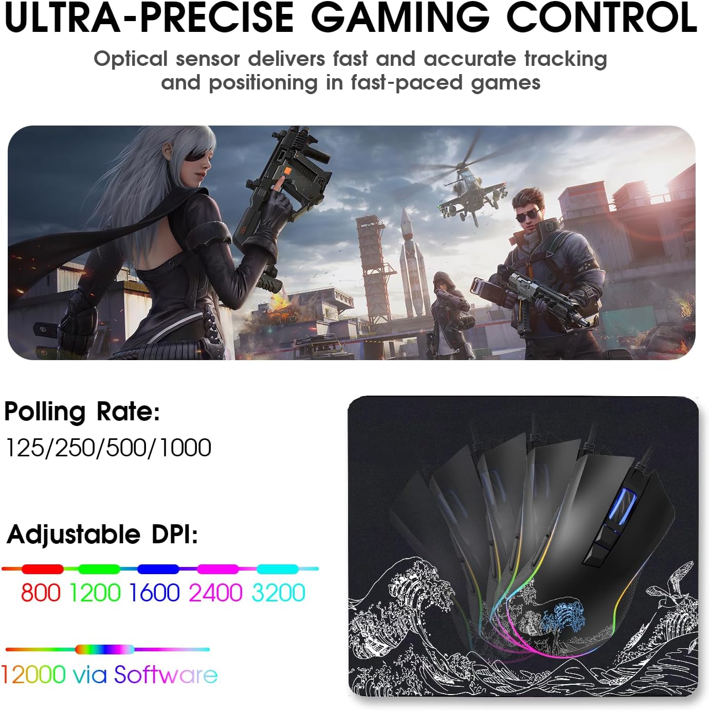 HITIME XVX Wired Gaming Mouse, 12000 DPI RGB Mouse with 12 Backlit Modes & 7 Macro Buttons, Gaming Mice Support DIY Keybinding, Gamer Computer Mice for Laptop PC Mac Windows, Wave