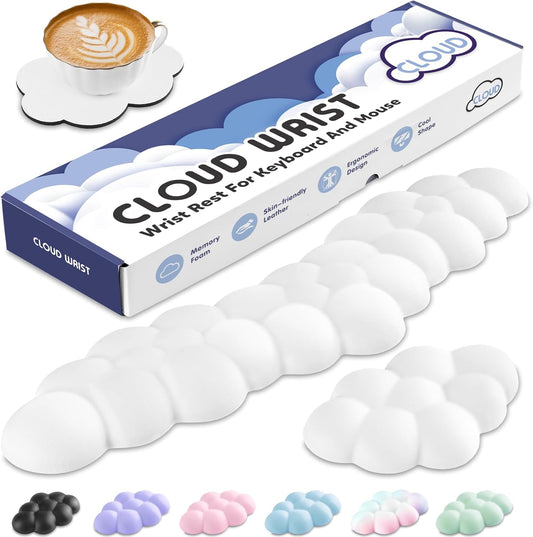 Cloud Wrist Rest for Keyboard and Mouse, Memory Foam PU Leather Keyboard Wrist Rest with Ergonomic Support, Non-Slip Base, Cute Arm Rest Pad & Palm Cushion, Office Desk Accessory, White