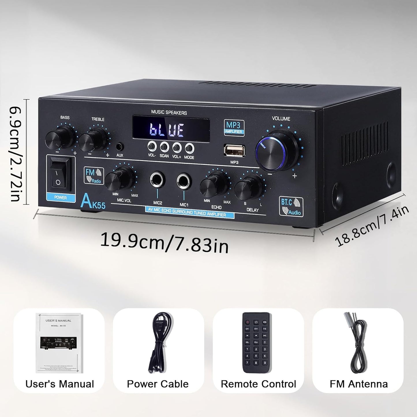 AK55 Stereo Amplifier Home Audio, Bluetooth 5.0 Max 450W Power Stereo Receivers 2.0 Channel Audio Amplifier for Speaker W/Remote Control/AUX/RCA/Echo/USB/2 MIC in for Home Party, Karaoke