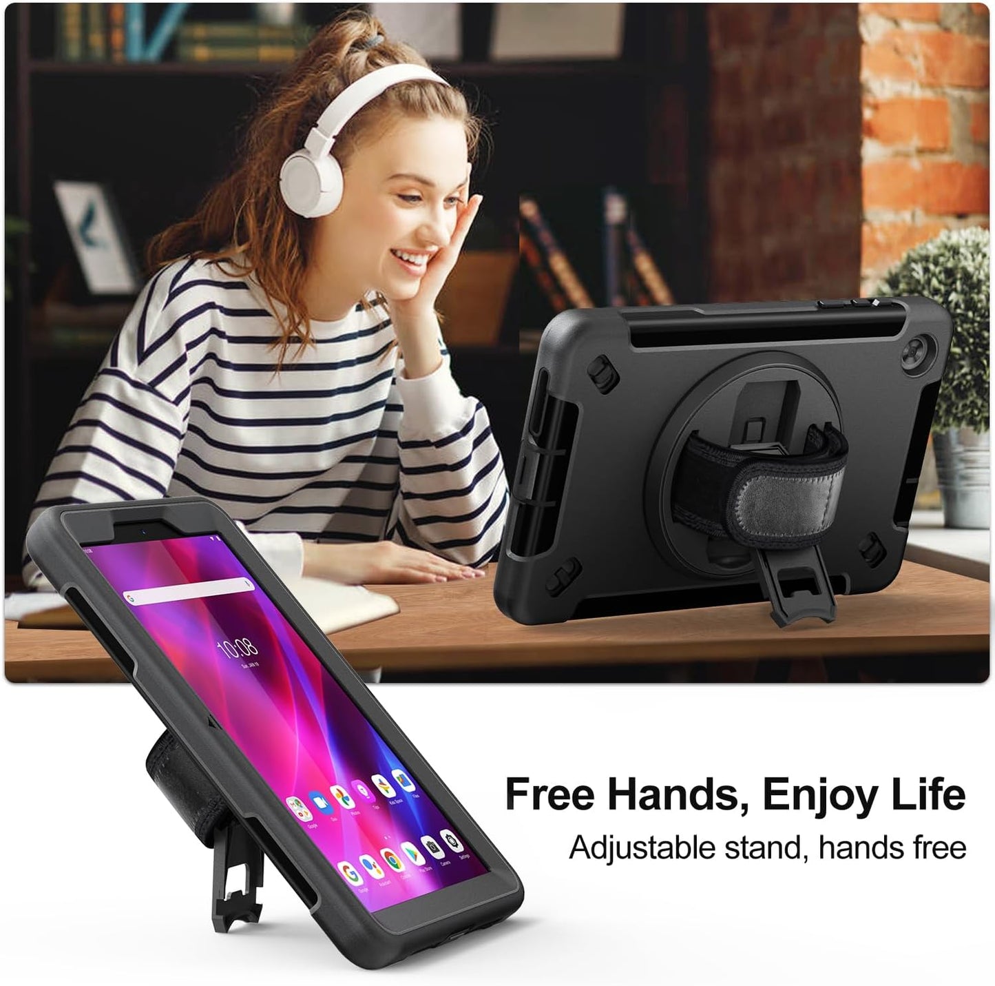Junfire Shockproof Case for Lenovo Tab M8 4th Gen 2023, Heavy Duty Rugged Case with 360°Rotatable Kickstand/Hand Strap/Stylus Holder for TB-300FU/TB-300FX, Black