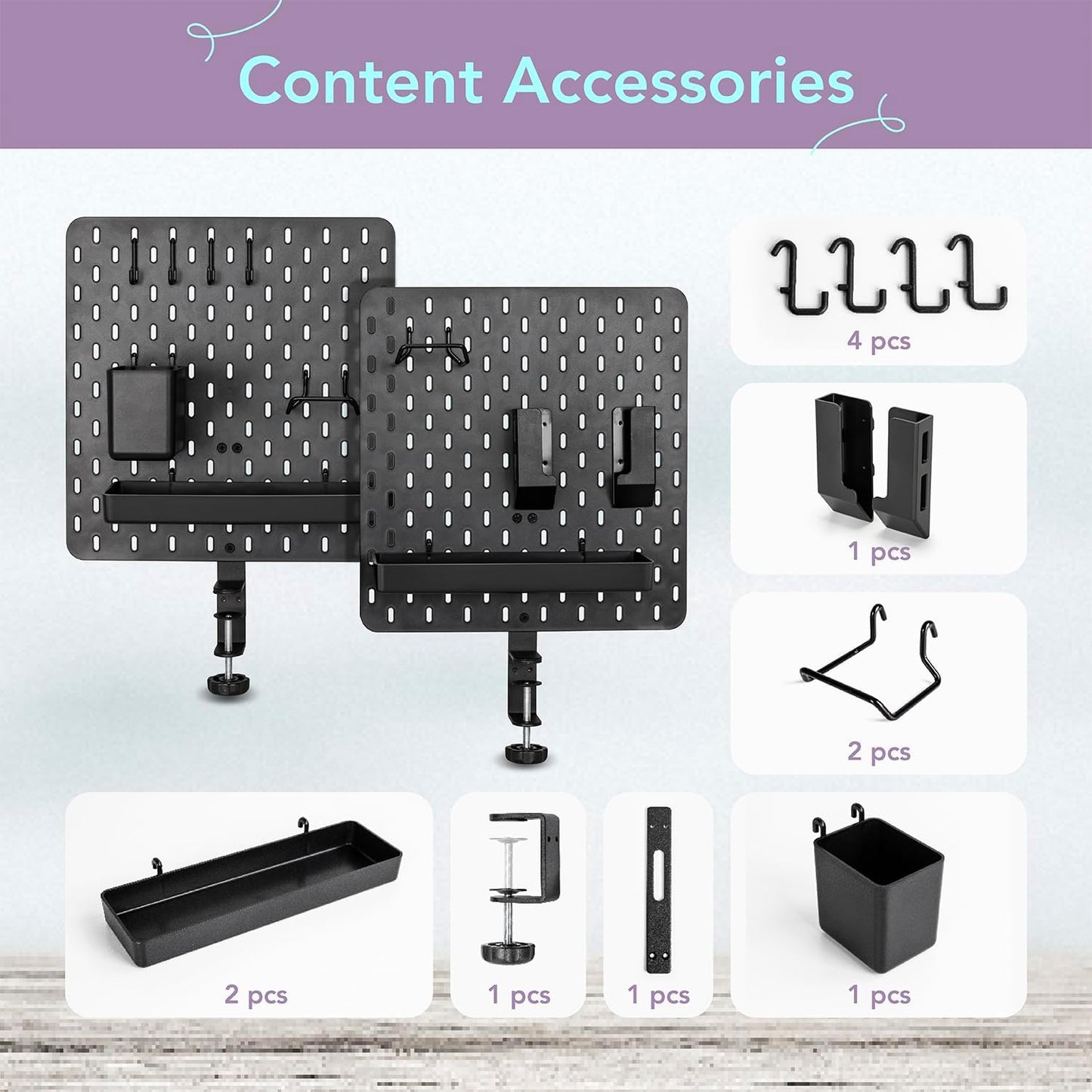 EHO Clamp-On Desk Pegboard, 2Pack (Combined Size 27 x 14 inch) Privacy Divider, Desk Partition Panel, No-Drill Desk Mounted Peg Board Organizer for Office, Gaming, Home, Black