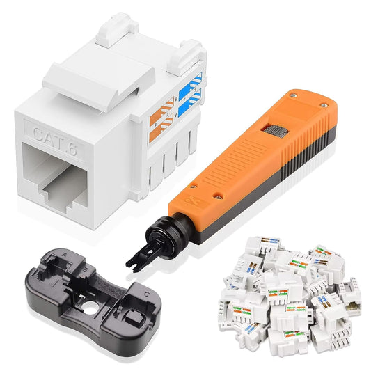 25-Pack 10Gbps Cat6 Keystone Jacks, RJ45 Keystone Jack, Ethernet Keystone Jack in White with Punch Down Tool and Punch Down Stand Tool