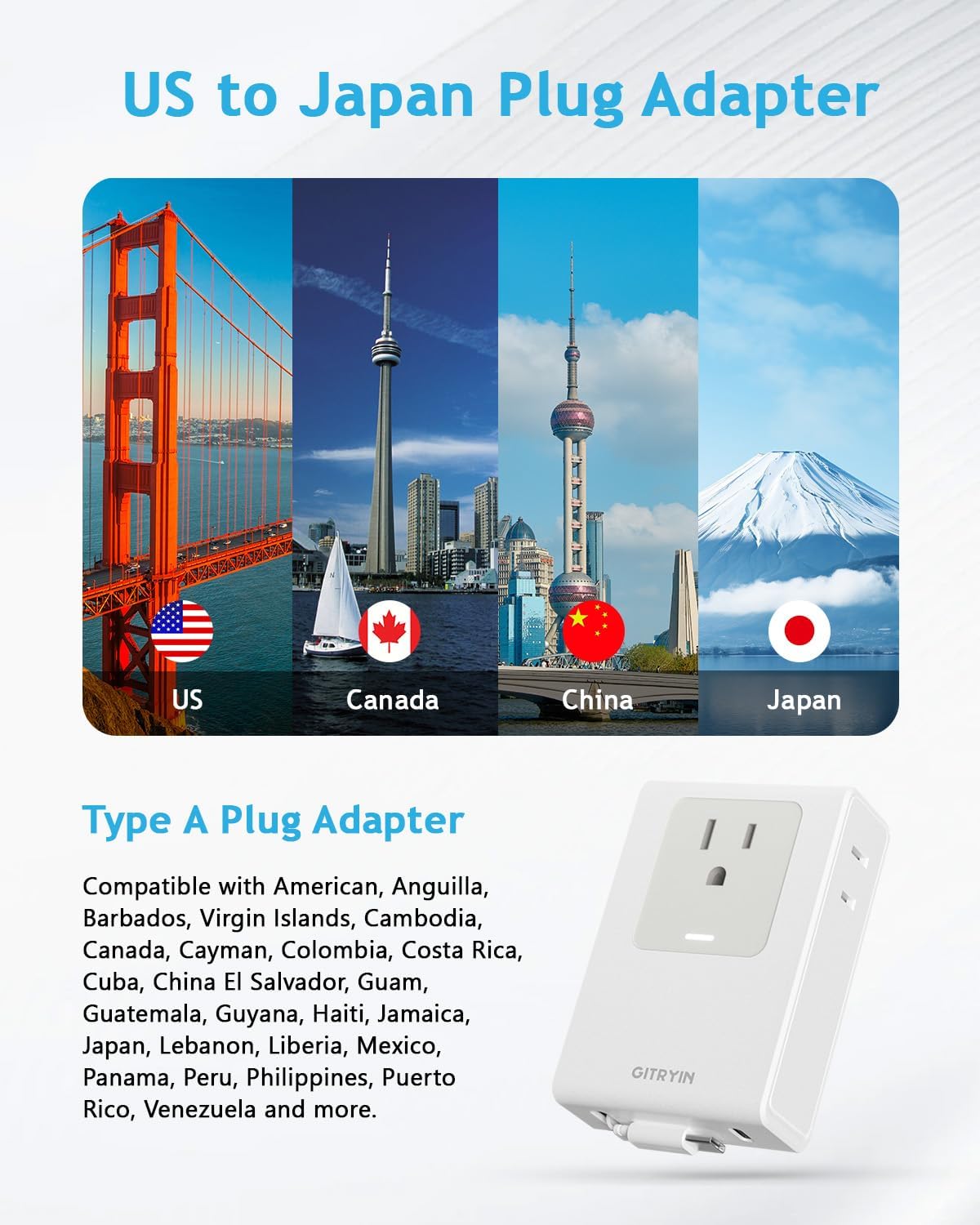 Flat USB C Wall Charger with 31.5in Retractable Type-C Cable, 5-in-1 Slim Wall Charger, 40W Fast Charging Power Plug with 3 Outlets 1 USB C Port, Type A Power Adapter for US to Japan Travel