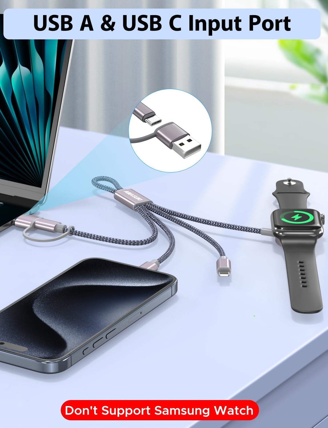 2Pack 8inch Short 3 in 2 USB C Cable for Apple Watch Charger iPhone Charger USB C Multi Fast Charging Cable Compatible with iWatch Ultra/SE/10/9/8/7/6/5/4/3/2/1 & iPhone 16/15/14/13/12/11/Galaxy S2