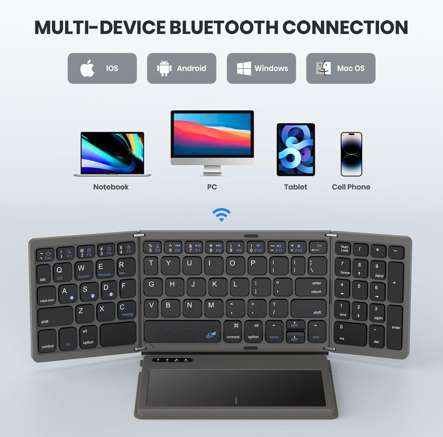 Foldable Bluetooth Keyboard with Large Touchpad, Numeric Keypad, PU Leather, Wireless Travel Keyboard for Windows, iOS, Android, Mac (Grey)