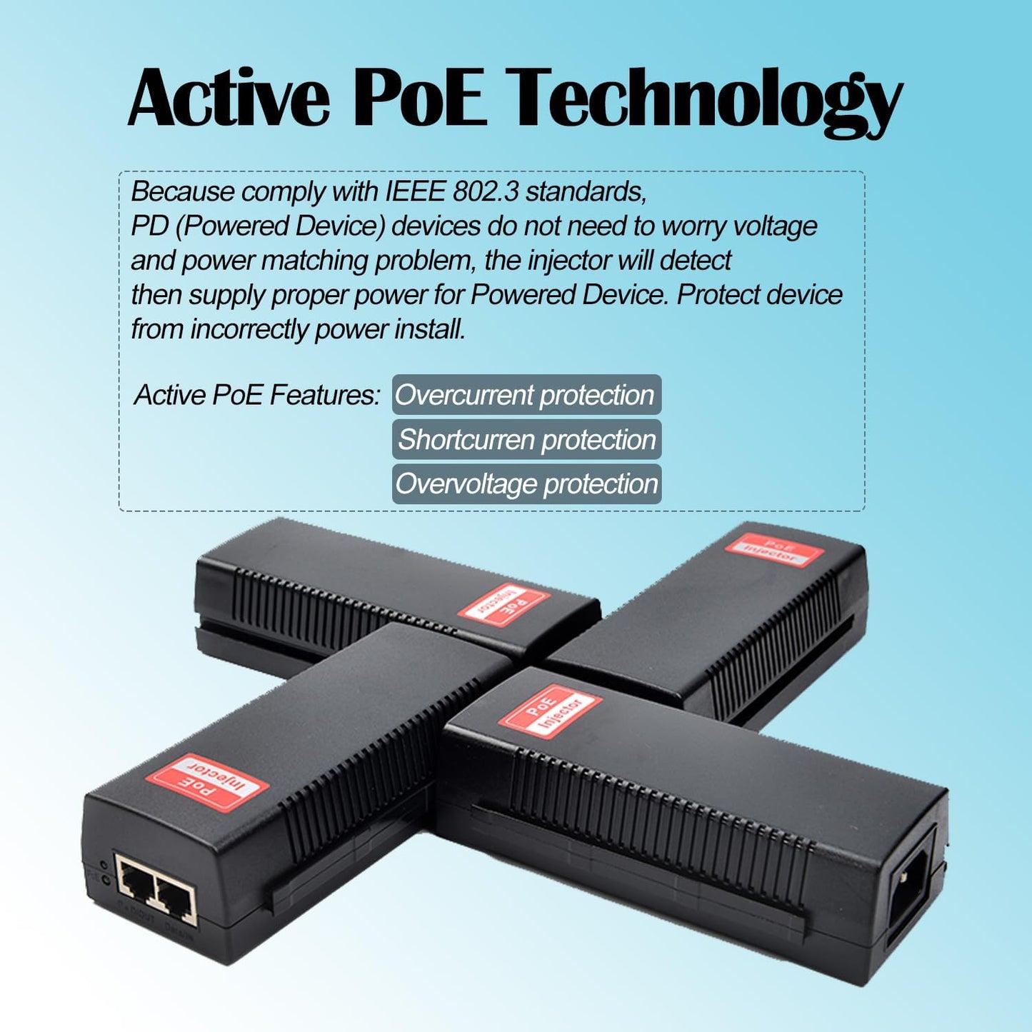Revotech Gigabit 90W PoE++ Injector 54-56V Adapter, 10/100/1000Base-T IEEE 802.3bt PoE Standard Active POE+, Plug and Play for Wireless Access Points/PTZ/Videophones