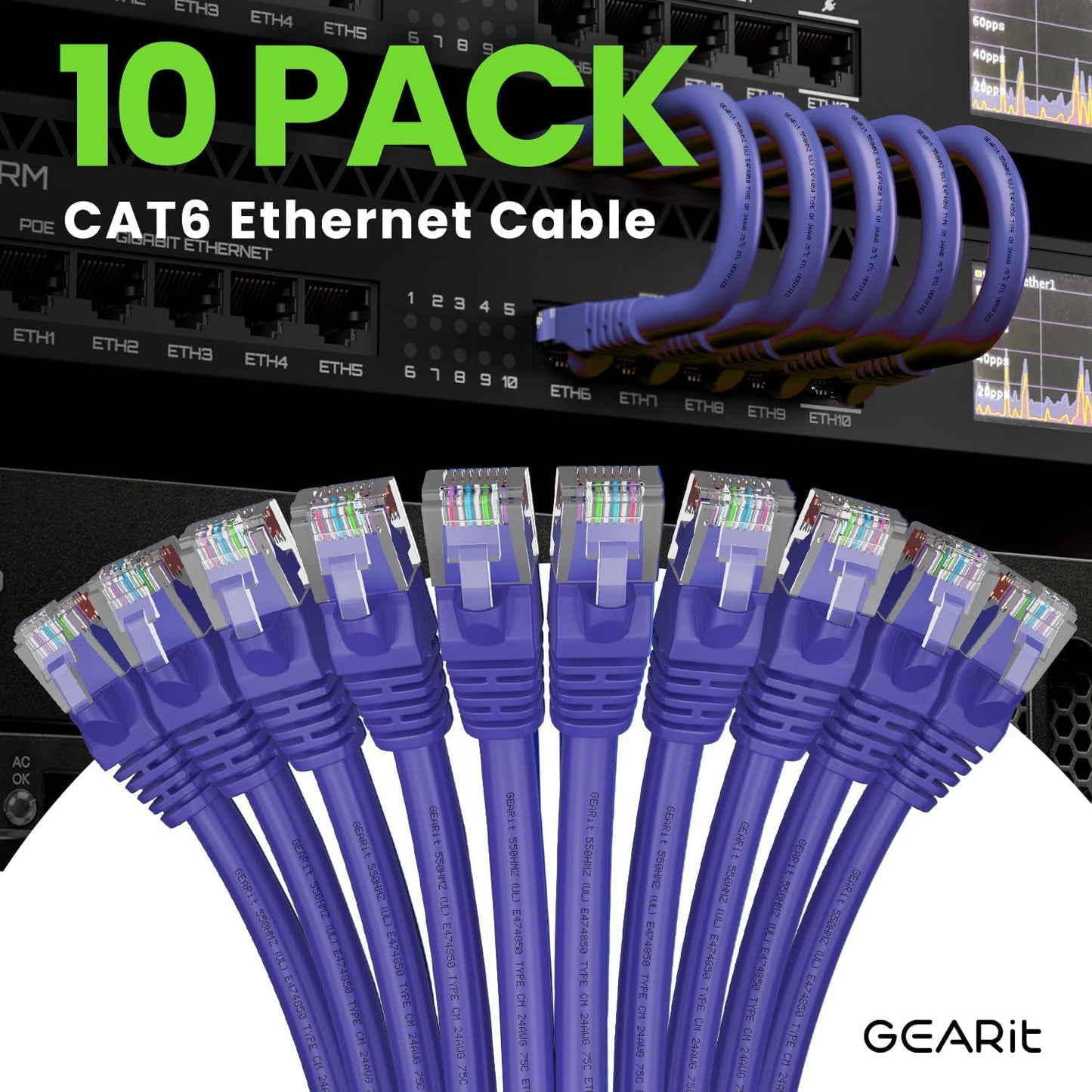 GearIT Cat 6 Ethernet Cable (10-Pack 7 Feet) Cat6 Network Patch, 10Gbps, RJ45, Snagless Cord, Gold-Plated Connectors, Internet for PC, TV, Tablet, Router, Printer, Servers, IT Data Center - Purple