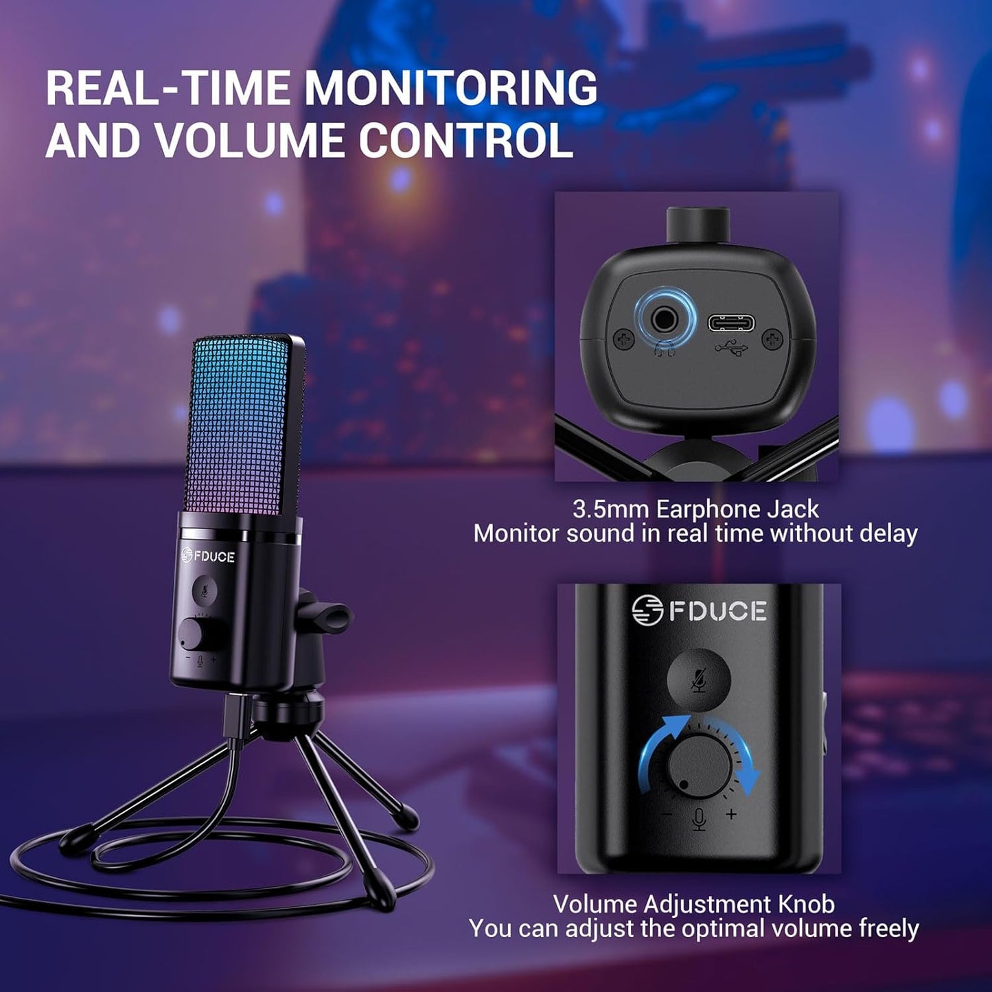 FDUCE Gaming USB Microphone for PC,RGB Condenser Computer Mic with Tripod Stand,Quick Mute,Gain Control,Cardioid Mic for Streaming, Podcast, Twitch, YouTube, PC, Computer, PS5, (M160)