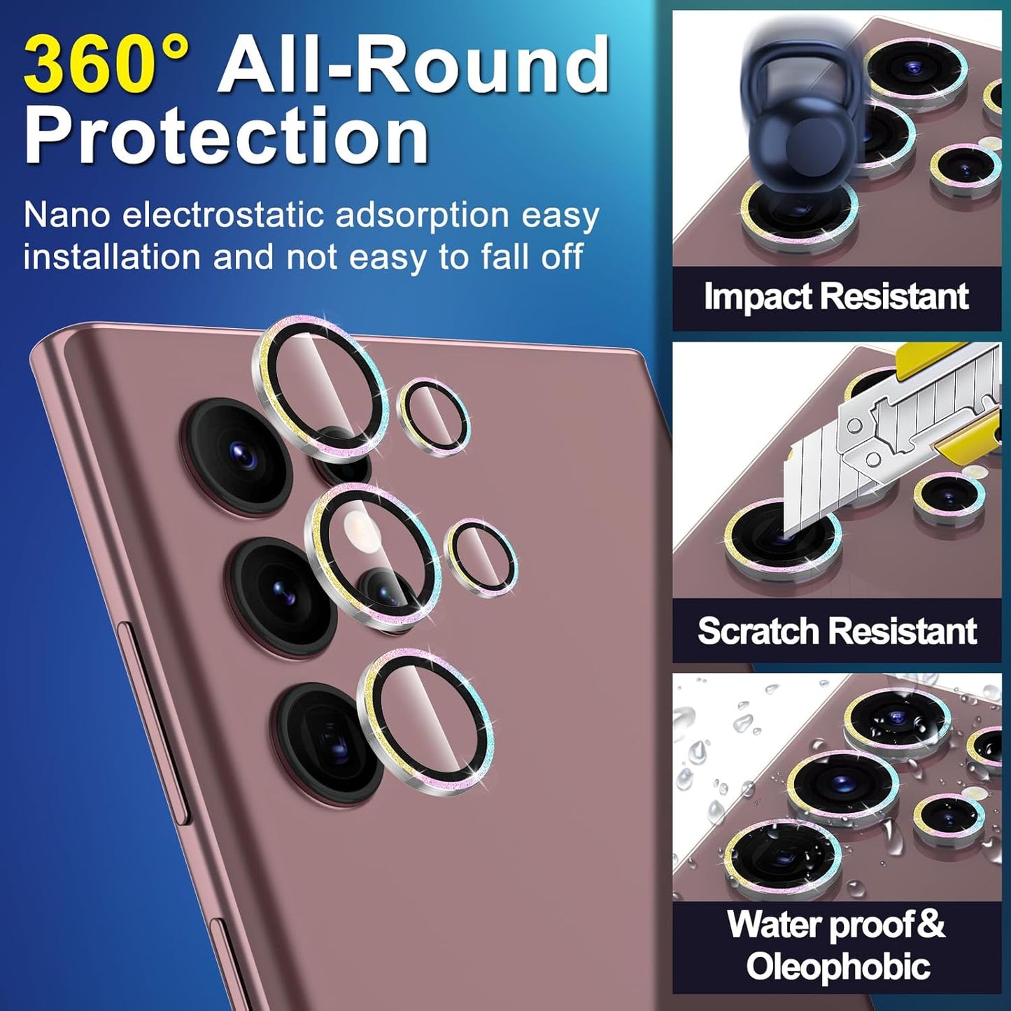 for Samsung Galaxy S22 Ultra Camera Lens Protector, Individual Metal Ring Tempered Glass Lens Cover, [Strong Adsorption] Scratch Resistant Ultra-Thin HD Clear Lens Cover,1 Set-Colorful Sparkly