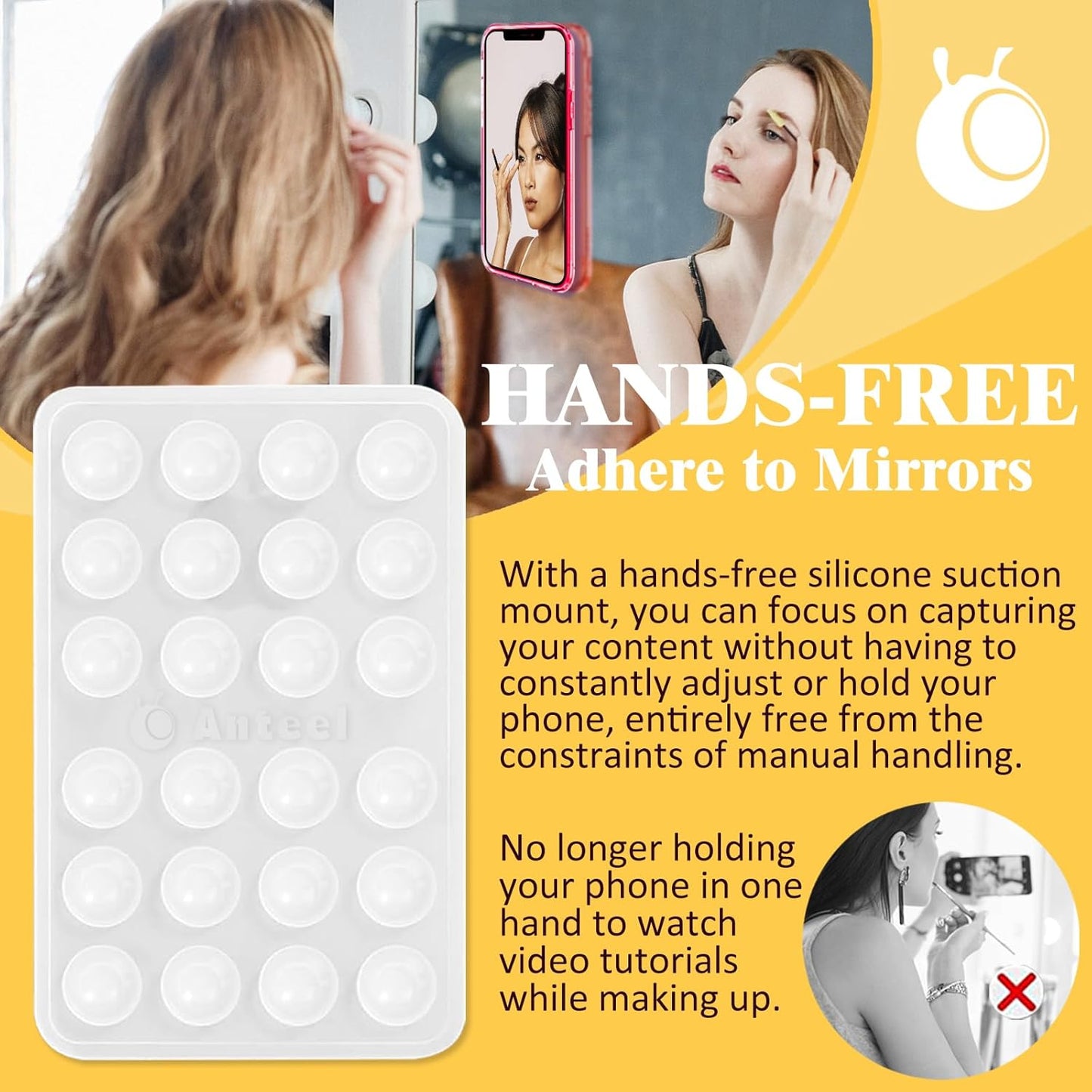 Anteel MAX Silicone Suction Phone Case Adhesive Mount, Upgraded Super Strong Grip, Durable, Easy to Use, Hands-Free Sticky Phone Holder for Selfies, Tiktok Videos, 2.56"x3.94" (White)