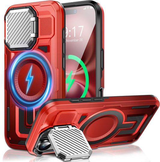 Camera Stand Case for iPhone 16, [Compatible with MagSafe] [Lens Cover] 2024 Version Military Grade Protective Soft Case for iPhone 16 6.1 inch Men Women, Red