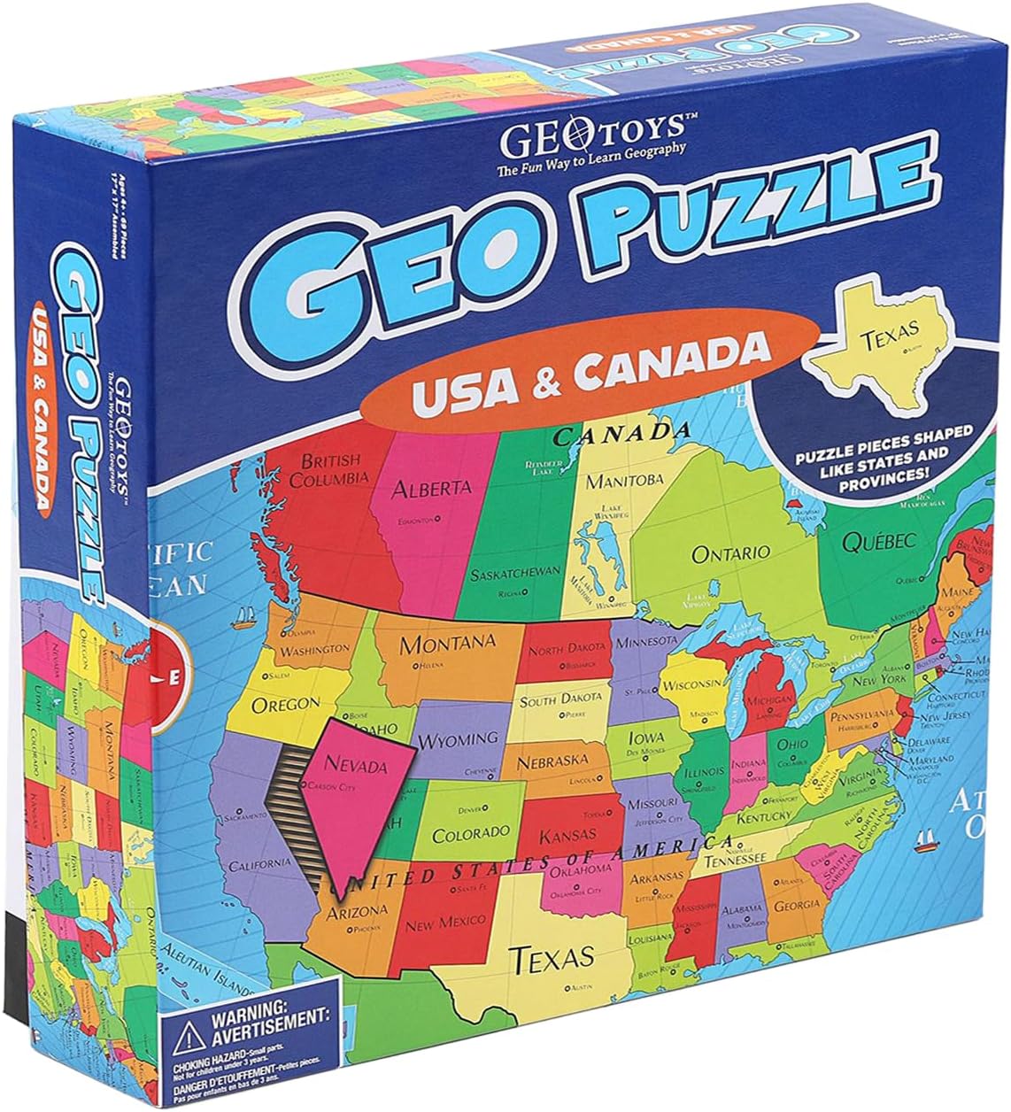 GeoToys GeoPuzzle, USA & Canada Shaped Jigsaw Puzzles, 69 Pc Geography Puzzle, Geography Game, Map Puzzle - Jigsaw Puzzles for Kids Ages 6-9 Years Old