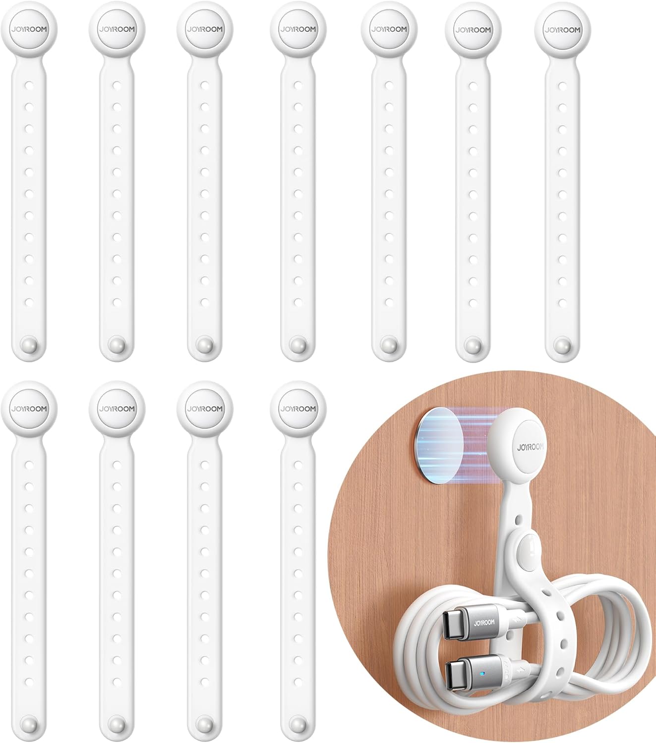 JOYROOM 12PCS Magnetic Cable Ties - Reusable Silicone Cord Organizer with Buckle Holes, Elastic Cable Management Straps for Data Cables, Charging Cords, and More (White)