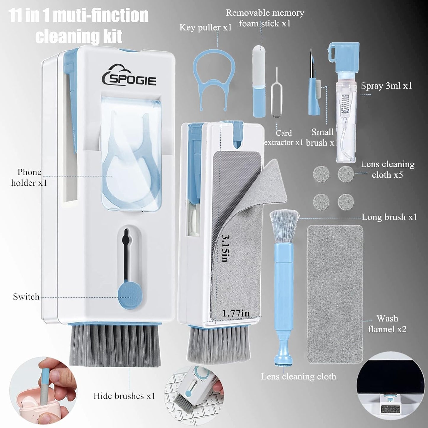 11-in-1 Keyboard Cleaning Kit, Laptop Cleaning Kit Keyboard Brush Cleaner Electronics Cleaner for Cell Phone/Earbuds/Camera Lens/Computer with Multifunctional Cleaning Tool Blue (Light Blue)